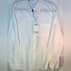 Men’s Zara Long Sleeve White Linen Shirt Size L Lightweight Breathable NWT
